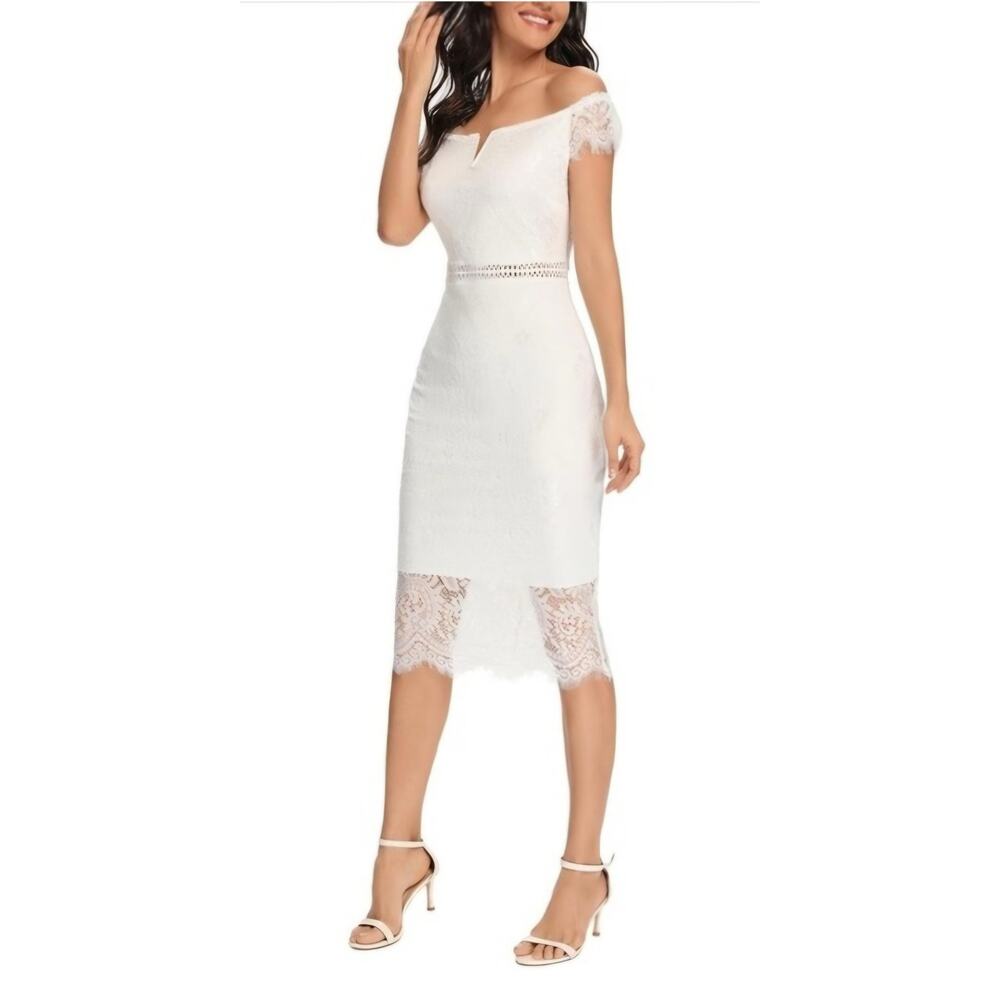 All and Well Elegant Floral Lace V-Neck‎ Midi Length Fitted L Dress